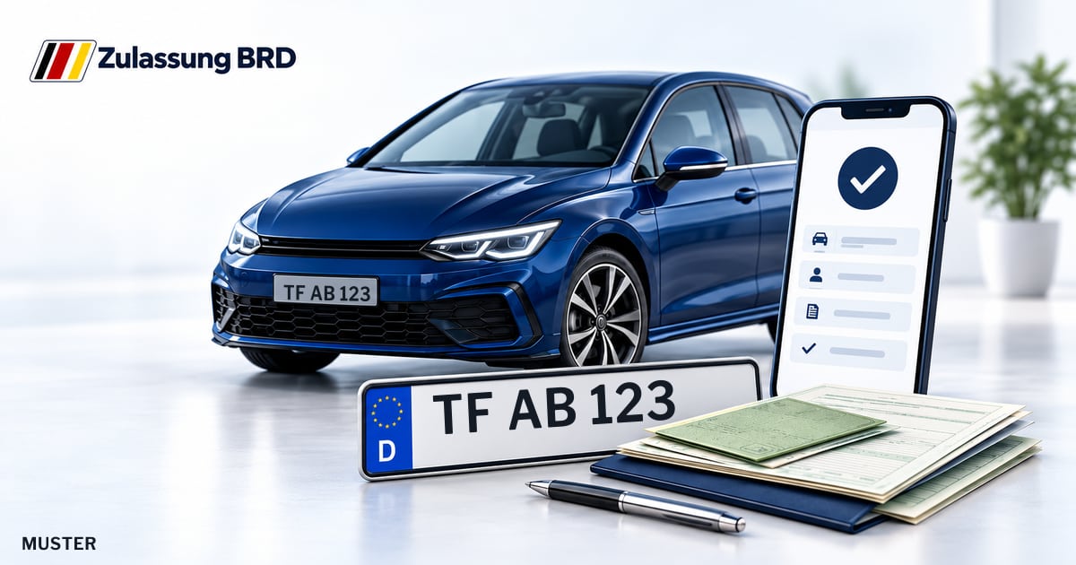 Online Fahrzeugzulassung in Rangsdorf: Musterkennzeichen TF AB 123, Auto und Fahrzeugpapiere und Smartphone. Illustration mit Logo von Zulassung BRD.